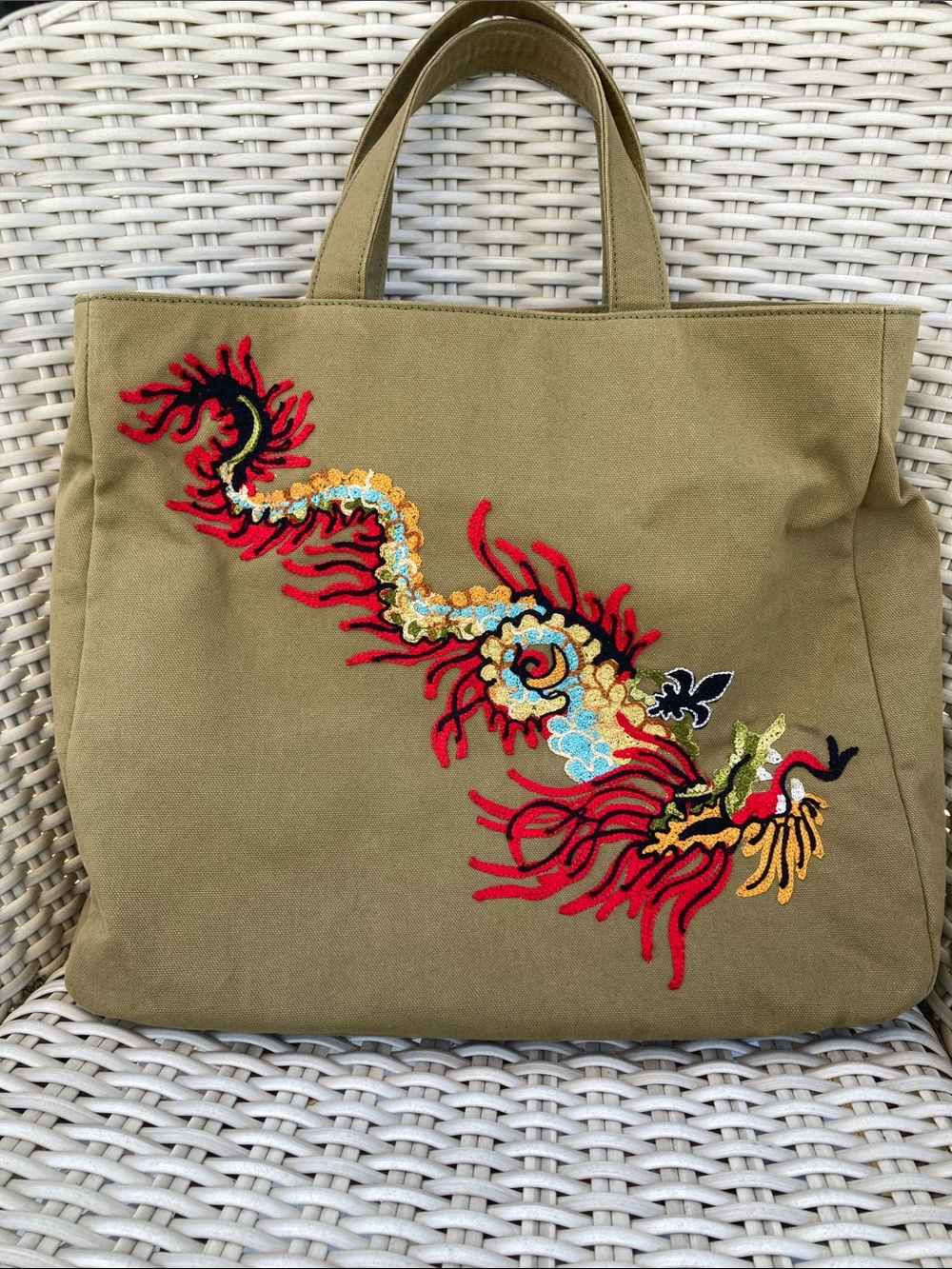 Embroidered Dragon Olive Green Canvas Tote Bag